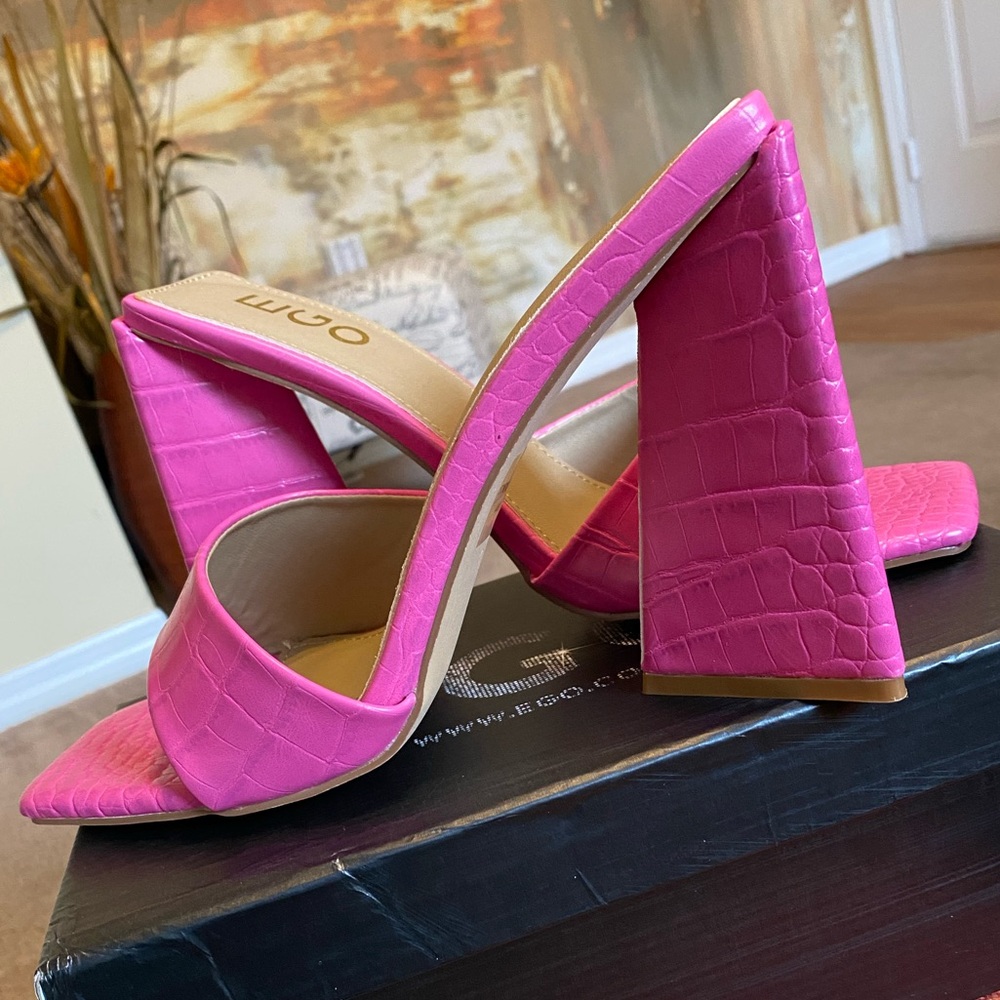 SOLD-EGO Pink Block Croc-Embossed Heels